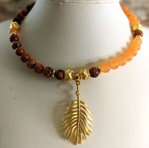 Genuine Orange Jade Paired With Orange And Brown Jade In Assymetrical Necklace